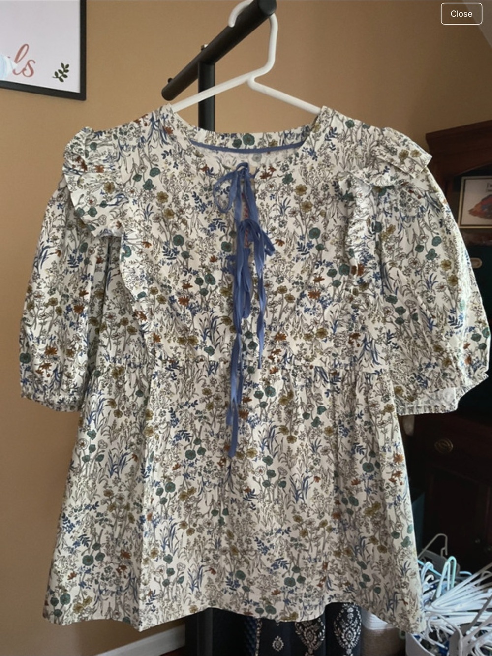 Umgee Cream Floral Peasant Blouse with Blue Tie